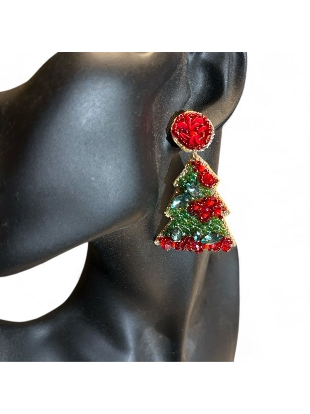 Beaded Sparkly Red and Green Christmas Tree Holiday Party Pierced Earrings